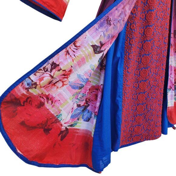 Long Sleeve Dress Floral Red Blue Embroidered Patchwork Kameez Size S NWOT - Picture 7 of 16